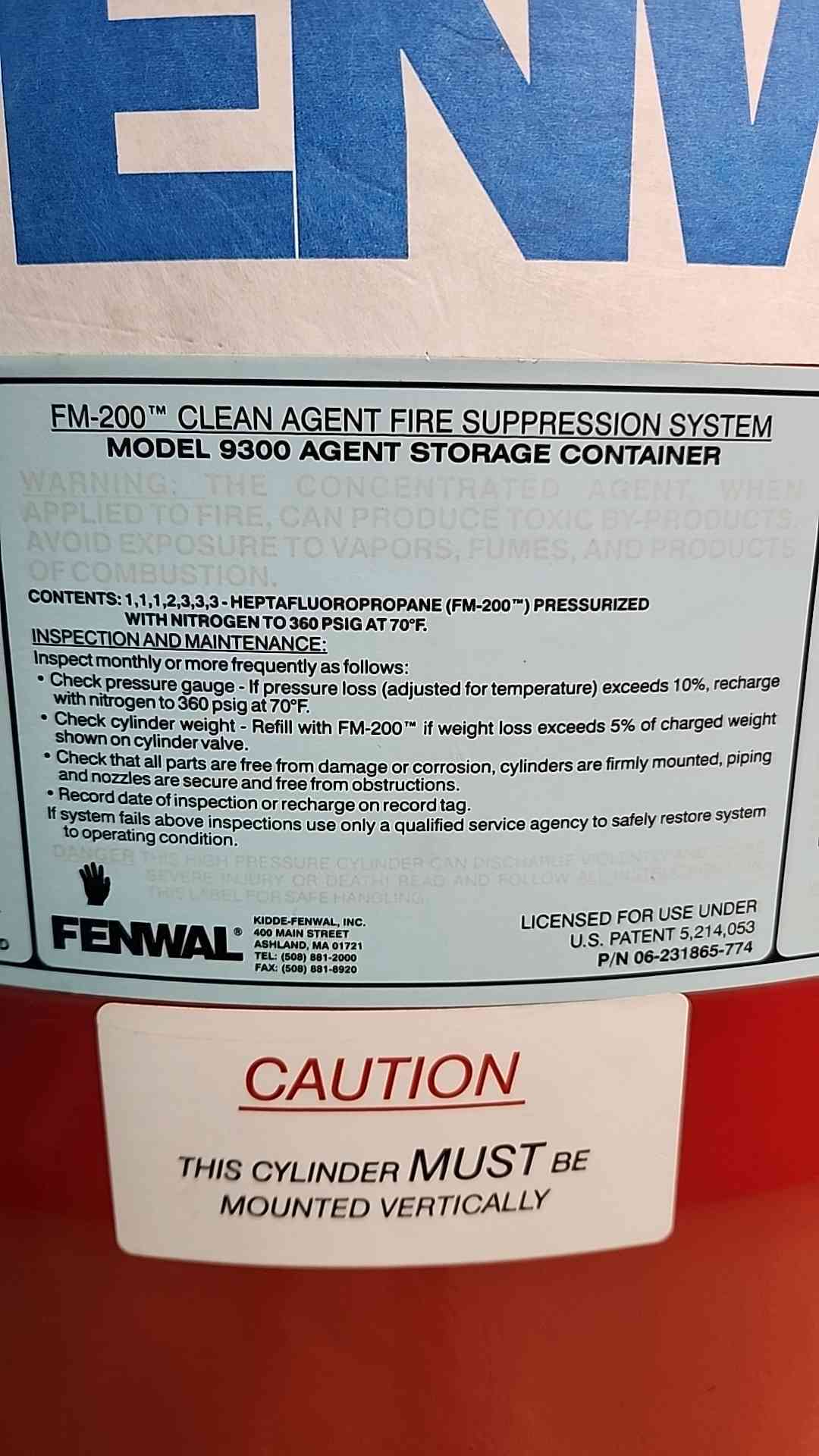 Fenwal 705 LBS Full 356 LBS FM-200 Agent Fire Suppression System (SKU: 115240)