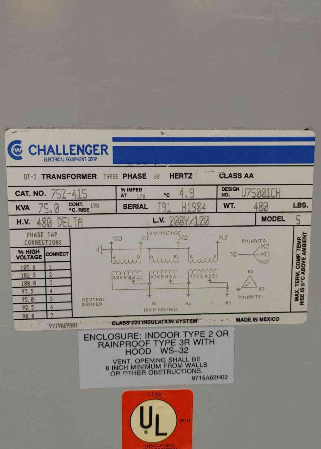 Challenger 752-415 75 kVA Dry Type Transformer 480V Delta to 208Y/120V 3 Phase 3R