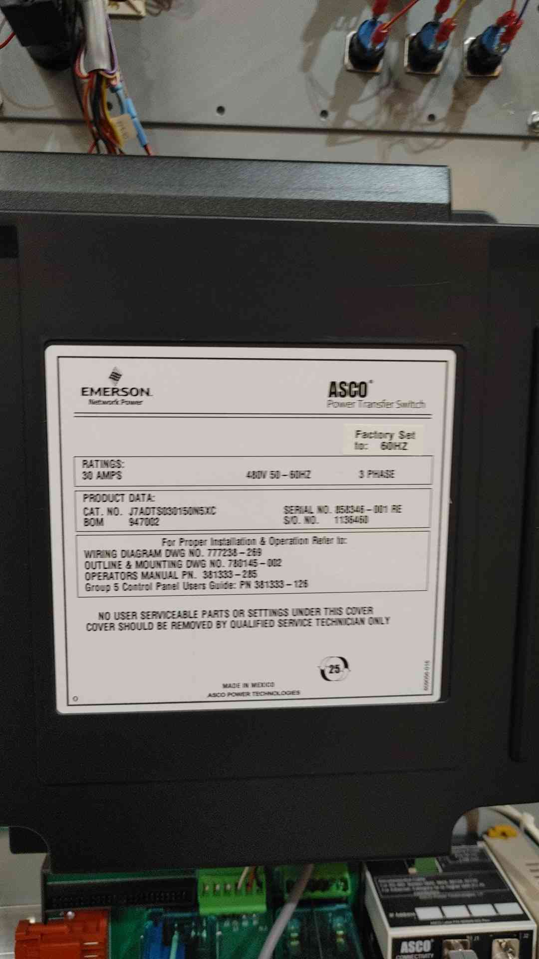 ASCO 7000 Series 30A Automatic Transfer Switch 480V 3Ph ATS J7ADTS030150N5XC