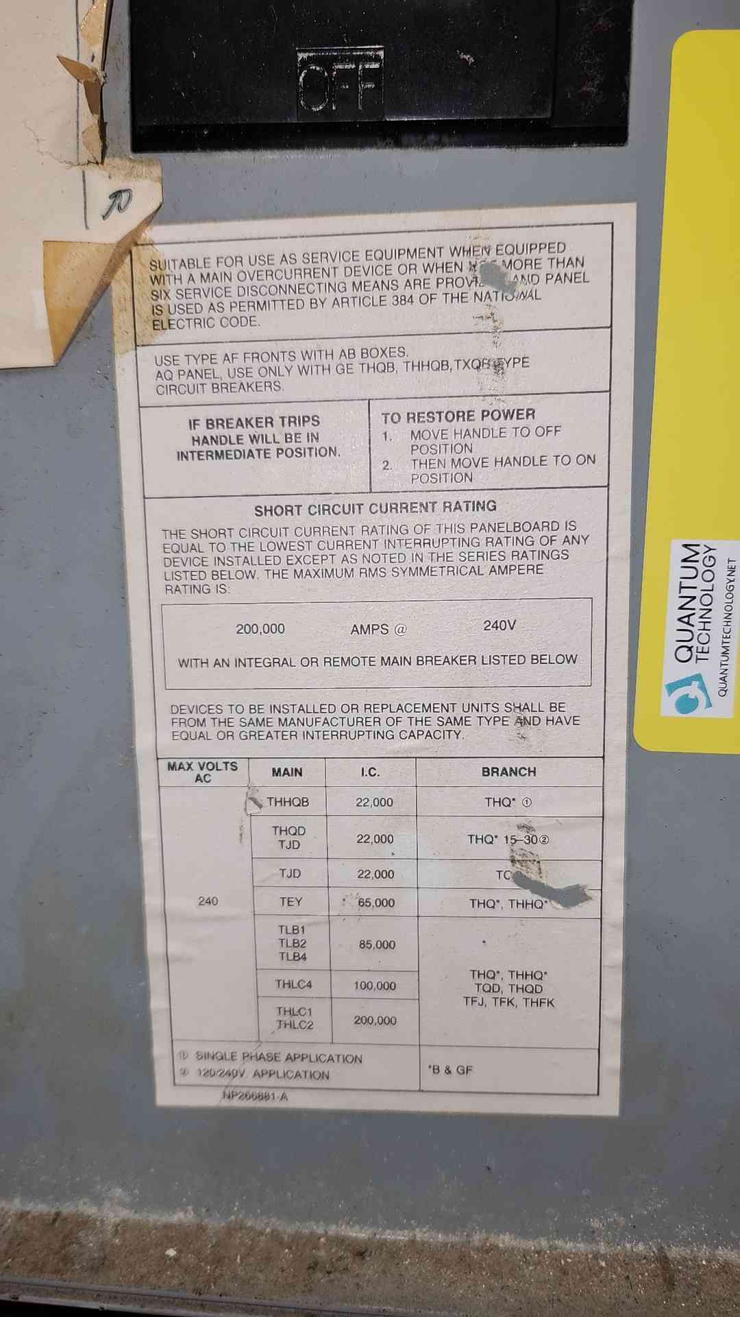GE AQF3304CTX A-Series 400A 208Y/120V 3PH Panelboard Loaded Breakers No Cover