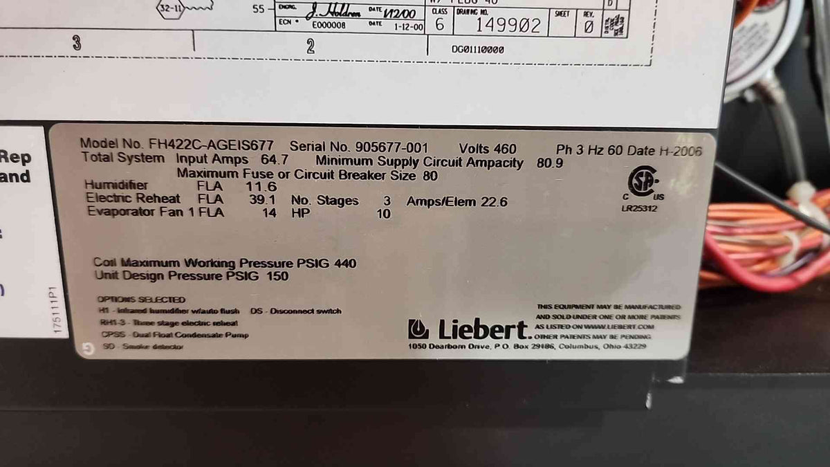 Liebert FH422C 20 Ton Downflow Chilled Water CRAC Unit 460V 3PH iCOM Reheat CRAH (SKU: 116109)