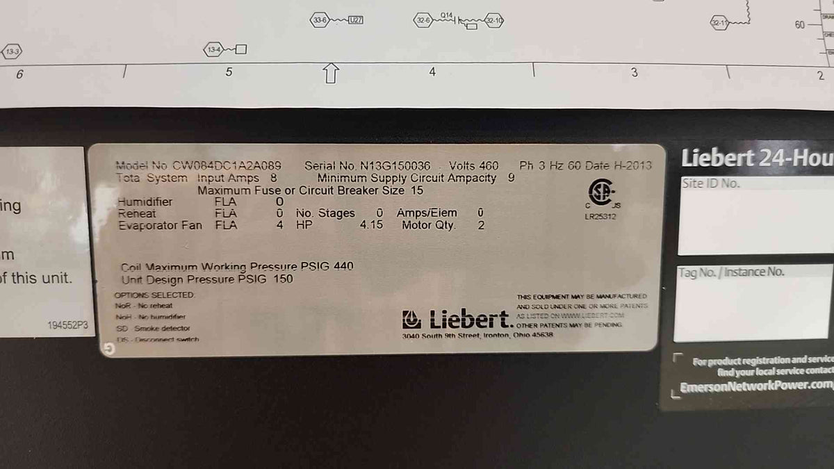 Liebert CW084DC 24 Ton Downflow Chilled Water CRAC Unit 460V 3PH iCOM CRAH 84kW (SKU: 116107)
