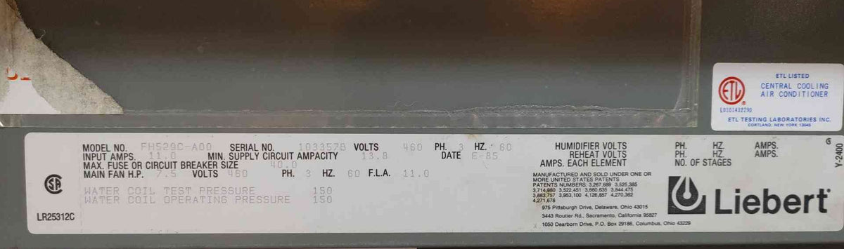 Liebert FH529C 25-30 Ton Downflow Chilled Water CRAH CRAC Unit 460V 3Ph Data Center