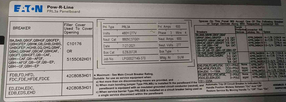 Eaton PRL3a Pow-R-Line Panelboard 600A 480Y/277V 3PH 4W EZB2072R 600 Amp Main