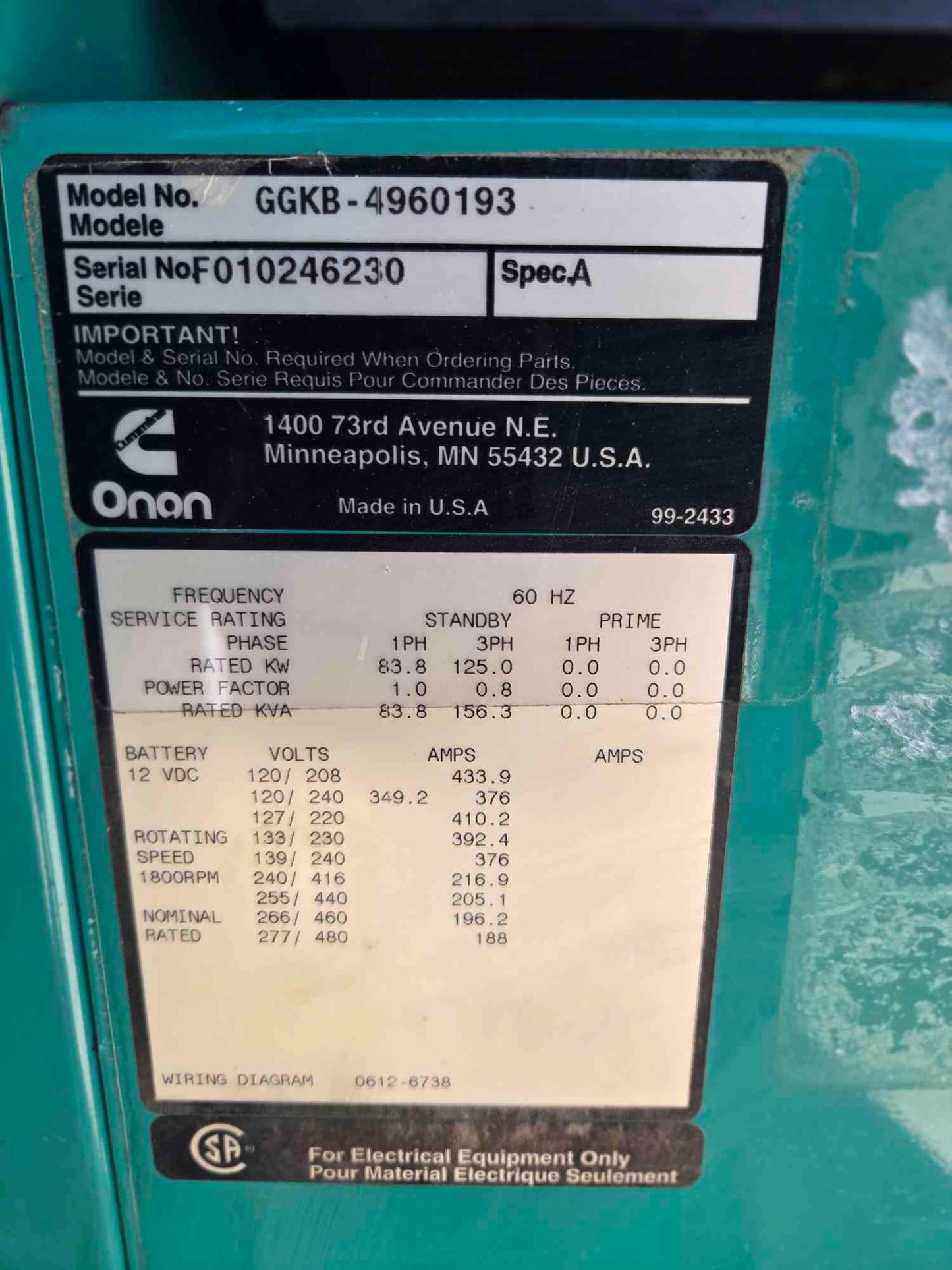 125KW Onan 8.3 Cummins Quiet Site Generator LP Nat Gas '01 954Hrs TESTED