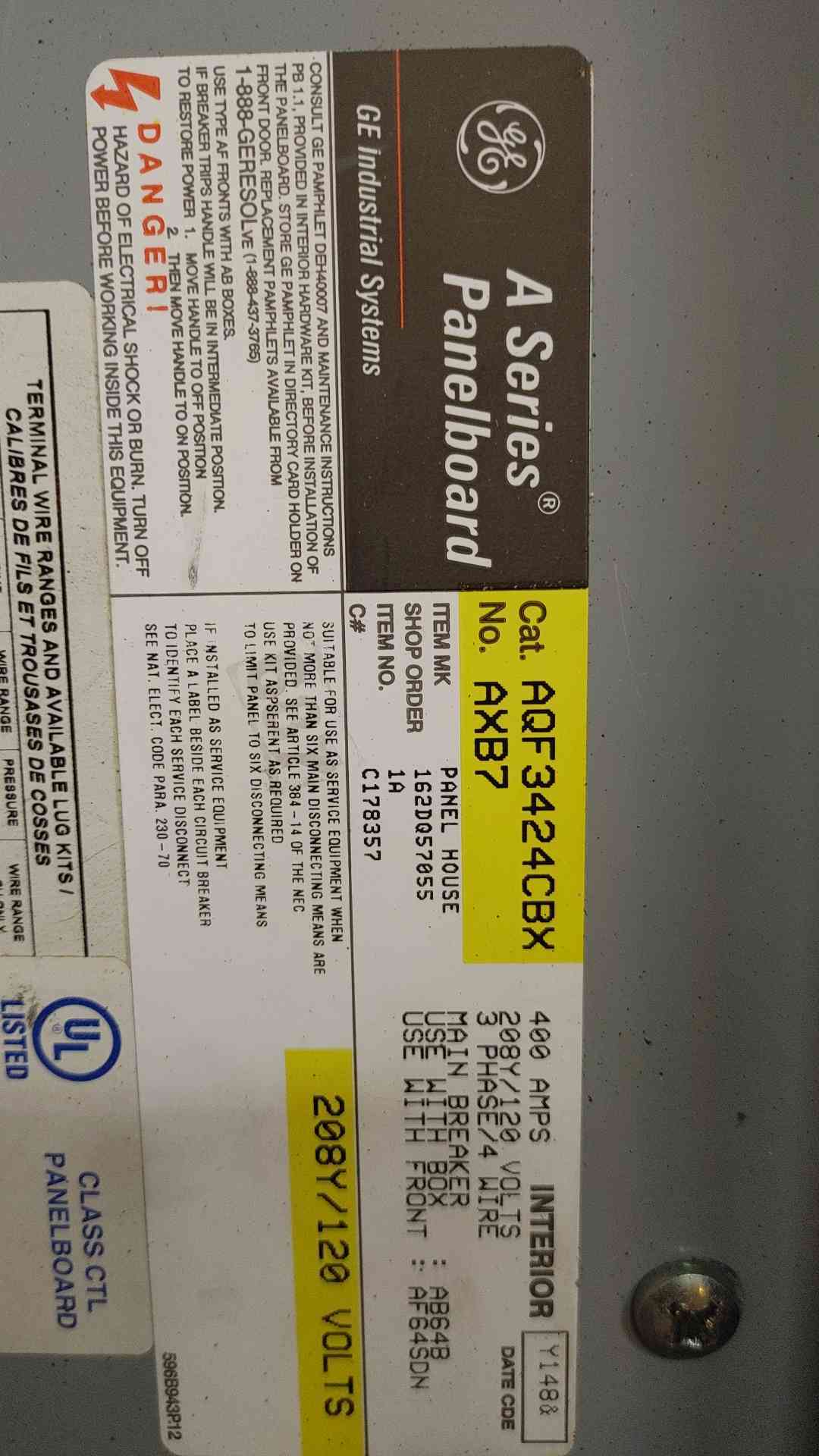 GE AQF3424CBX A-Series Panelboard 400A Main 208Y/120V 3Ph 42 Ckt loaded Breakers