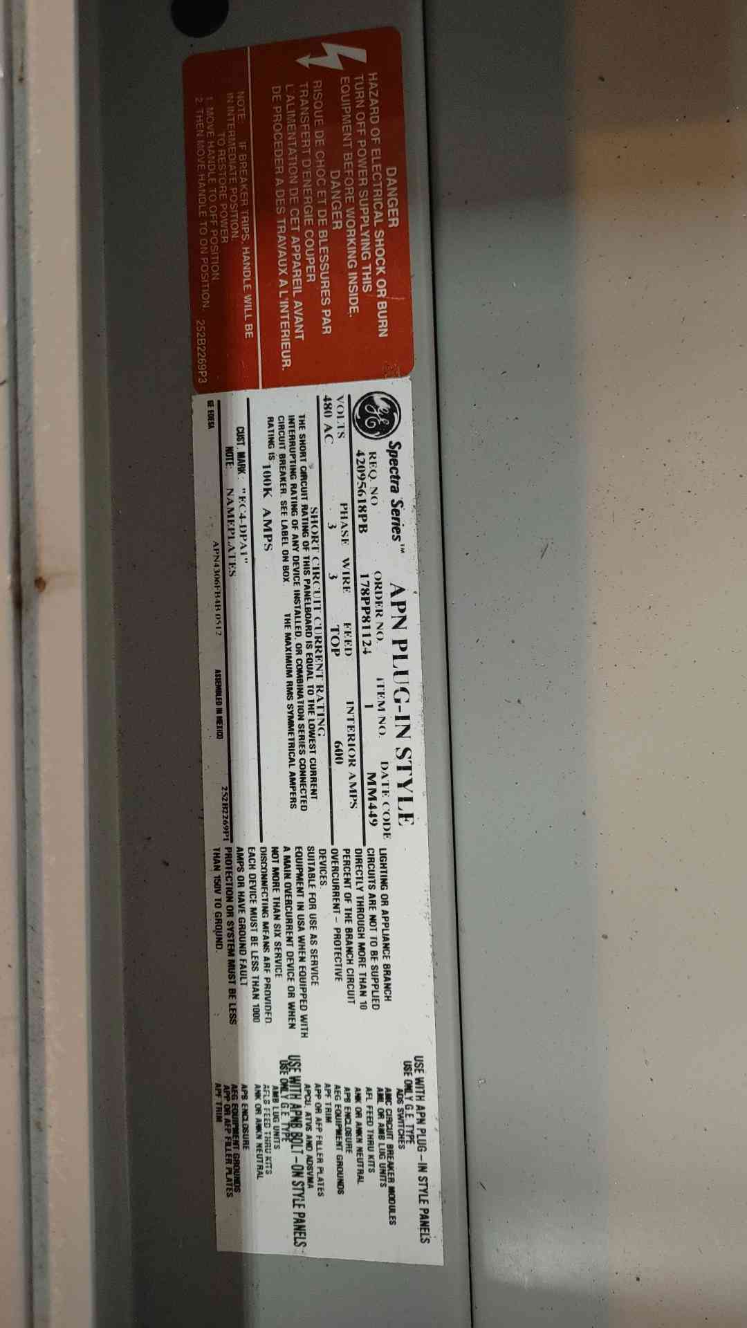 GE Spectra Series 600A 480V 3PH Panelboard (SKU: 109915)