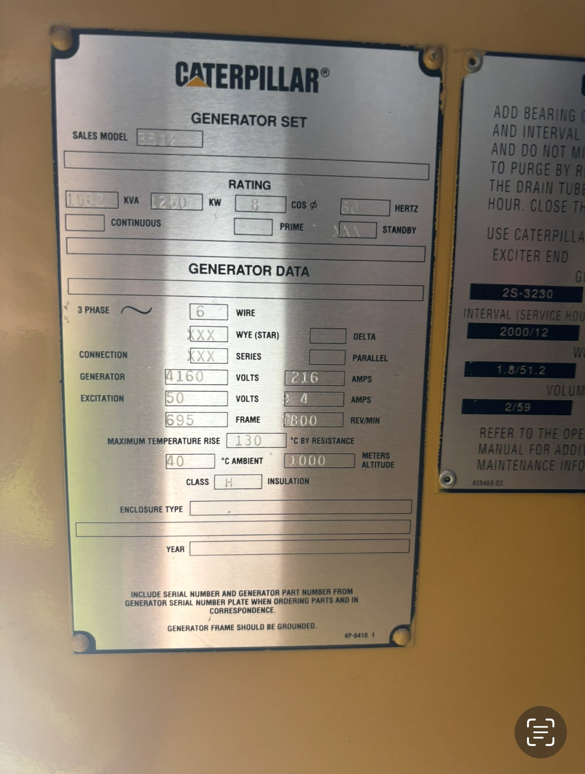 1200KW Cat 3512 Generator 4160V 537Hrs '96 Caterpillar Engine