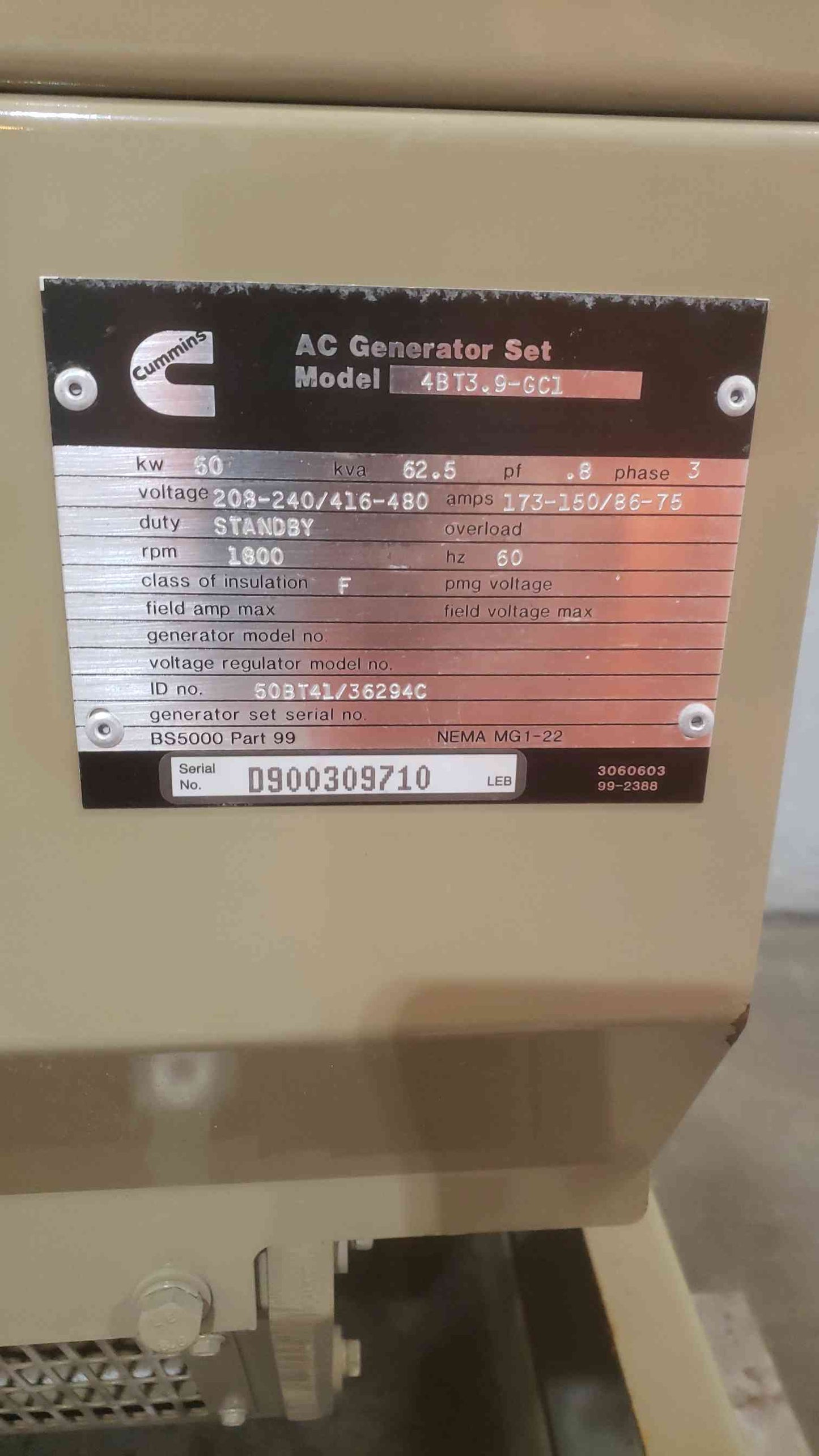 AS IS 50KW Cummins 1&3PH Diesel Generator 793.1Hrs 4BT-3.9 (SKU: 111005)