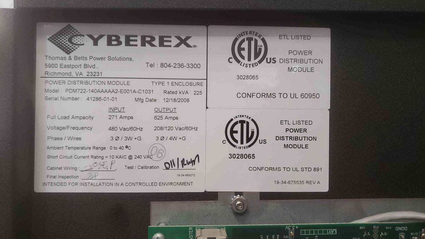 225KVA Cyberex PDU 480Vx 208/120V Branch Circuit Distribution (SKU: 111217)