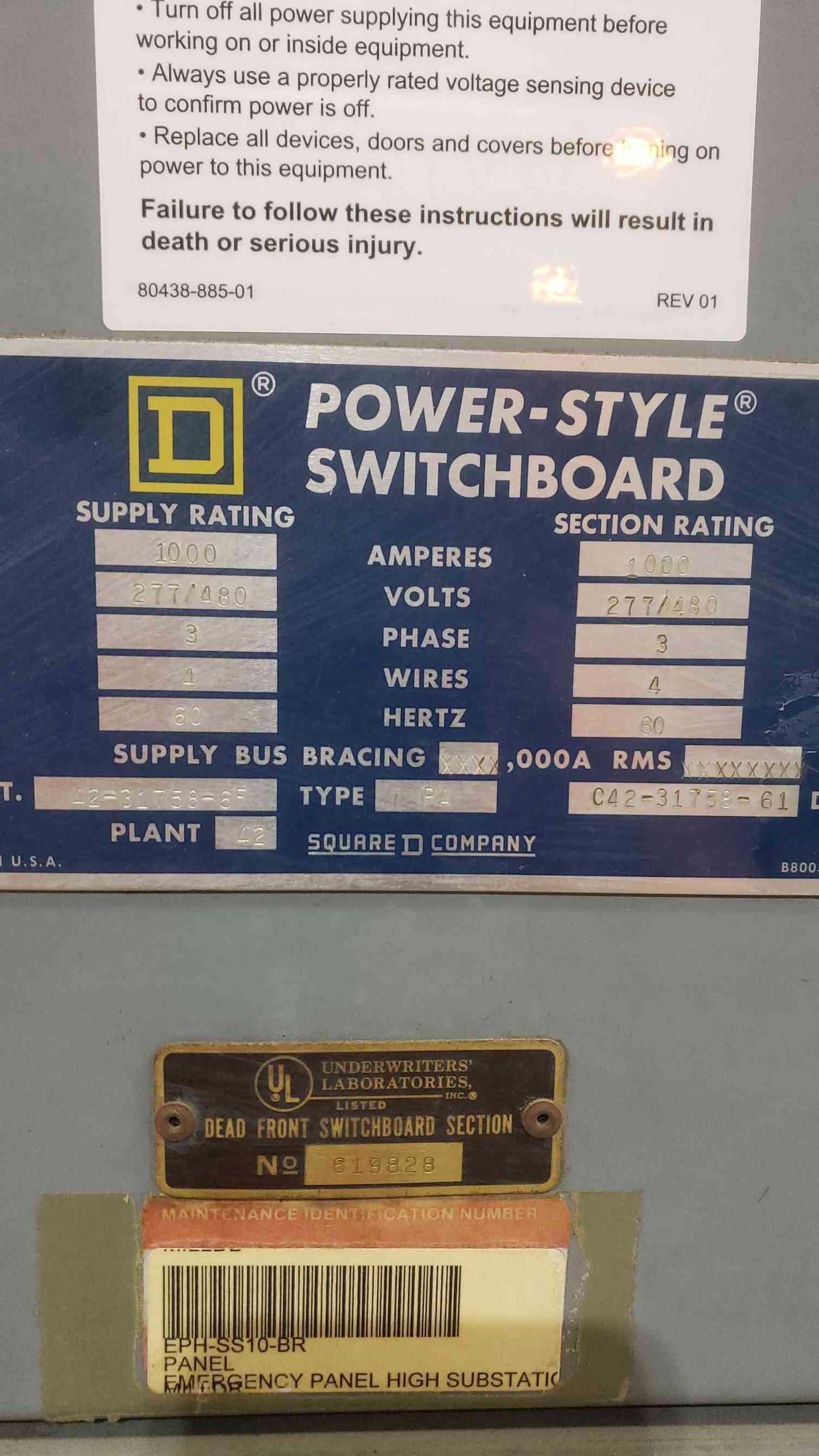 SQUARE D 1000A 277/480V Power-Style Breaker Switchboard Missing Side Covers 1 Main & 3 Dist Breakers (SKU: 111254)
