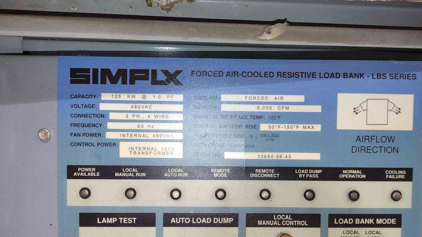 SIMPLX 125KW 480VAC 3PH 4W Forced Air-Cooled Resistive Load Bank- LBS Series (SKU: 111381)