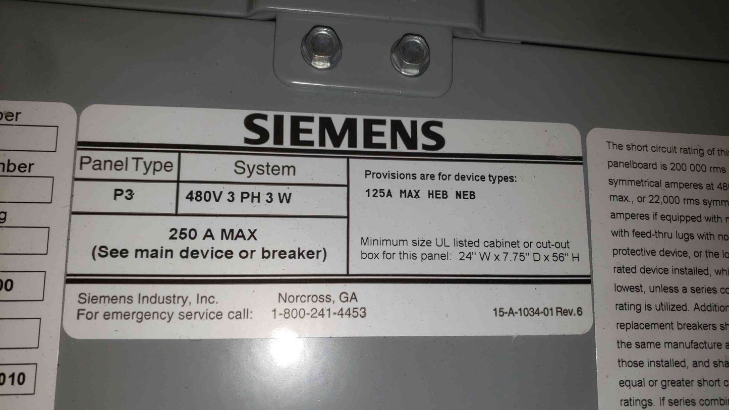 Siemens P3 Panelboard 250A 480V 3PH 3W P3F56ML250ABS w/ HEB3B125 HEB3B020 Breakers (SKU: 112766)