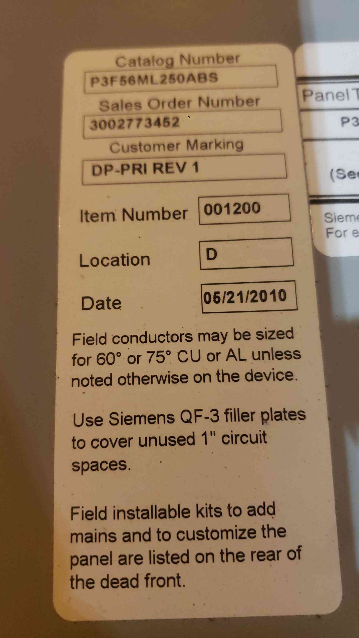 Siemens P3 Panelboard 250A 480V 3PH 3W P3F56ML250ABS w/ HEB3B125 HEB3B020 Breakers (SKU: 112766)