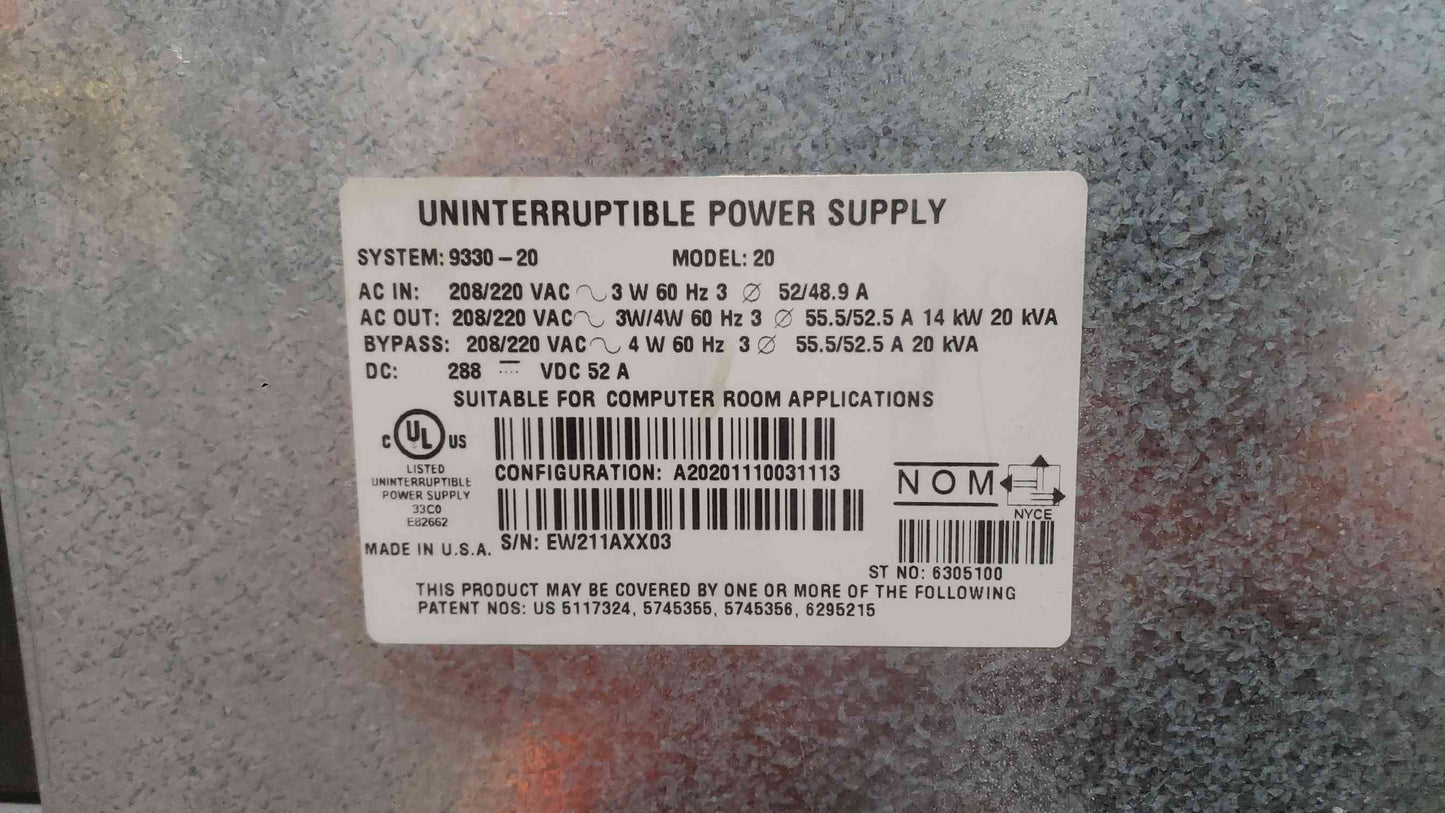 Eaton UPS Powerware 9330 Model 20 UPS 20kVA 14kW 3-Phase 208V/220V Uninterruptible Power Supply (SKU: 113063)