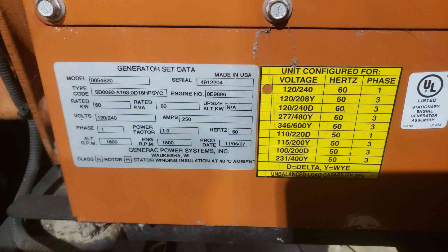 60KW GENERAC SD060 120/240 250A 1PH Diesel 42 Hrs. AS-IS