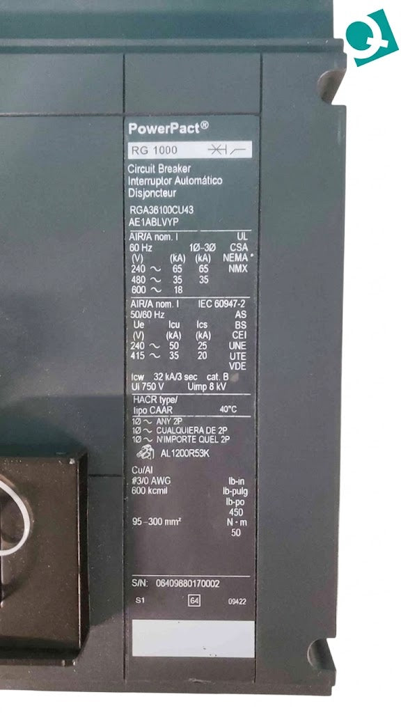 Square D PowerPact RGA36100CU43AE1ABLVYP 1000A 3P 600V I-Line Breaker Micrologic 5.0A (SKU: 112860)