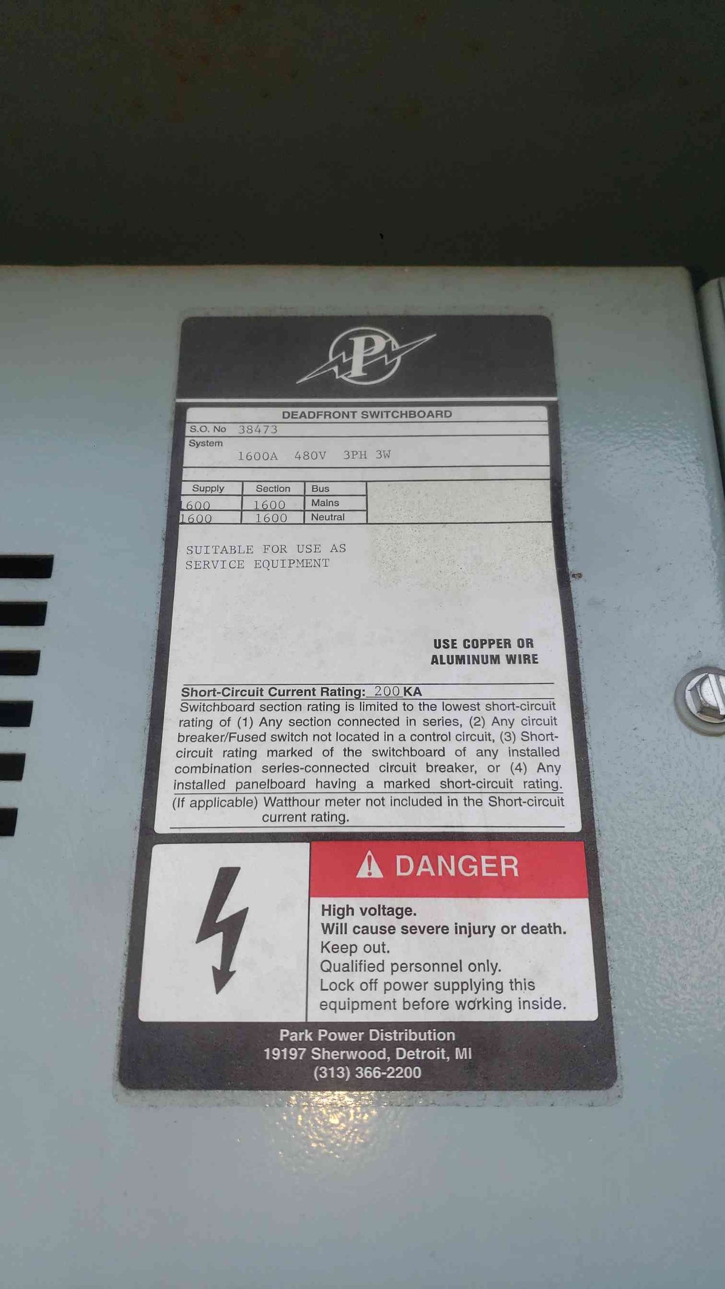 Park Power 1600A 480V 3PH Outdoor NEMA Switchboard Boltswitch VLB349 V7H3606