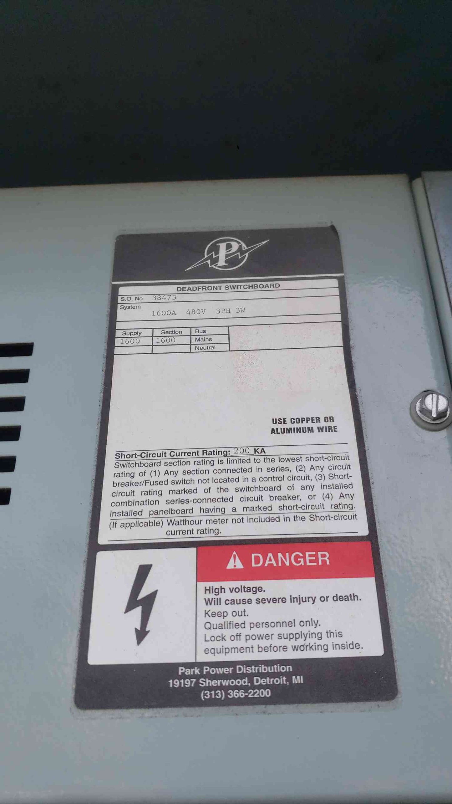 Park Power 1600A 480V 3PH Outdoor NEMA Switchboard Boltswitch VLB349 V7H3606