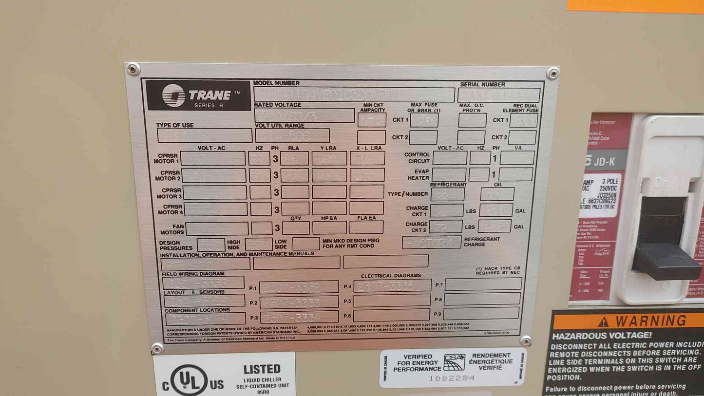 Trane 110 Ton Water Cooled Chiller RTWA 460V 3PH Screw Compressor Adaptive HVAC