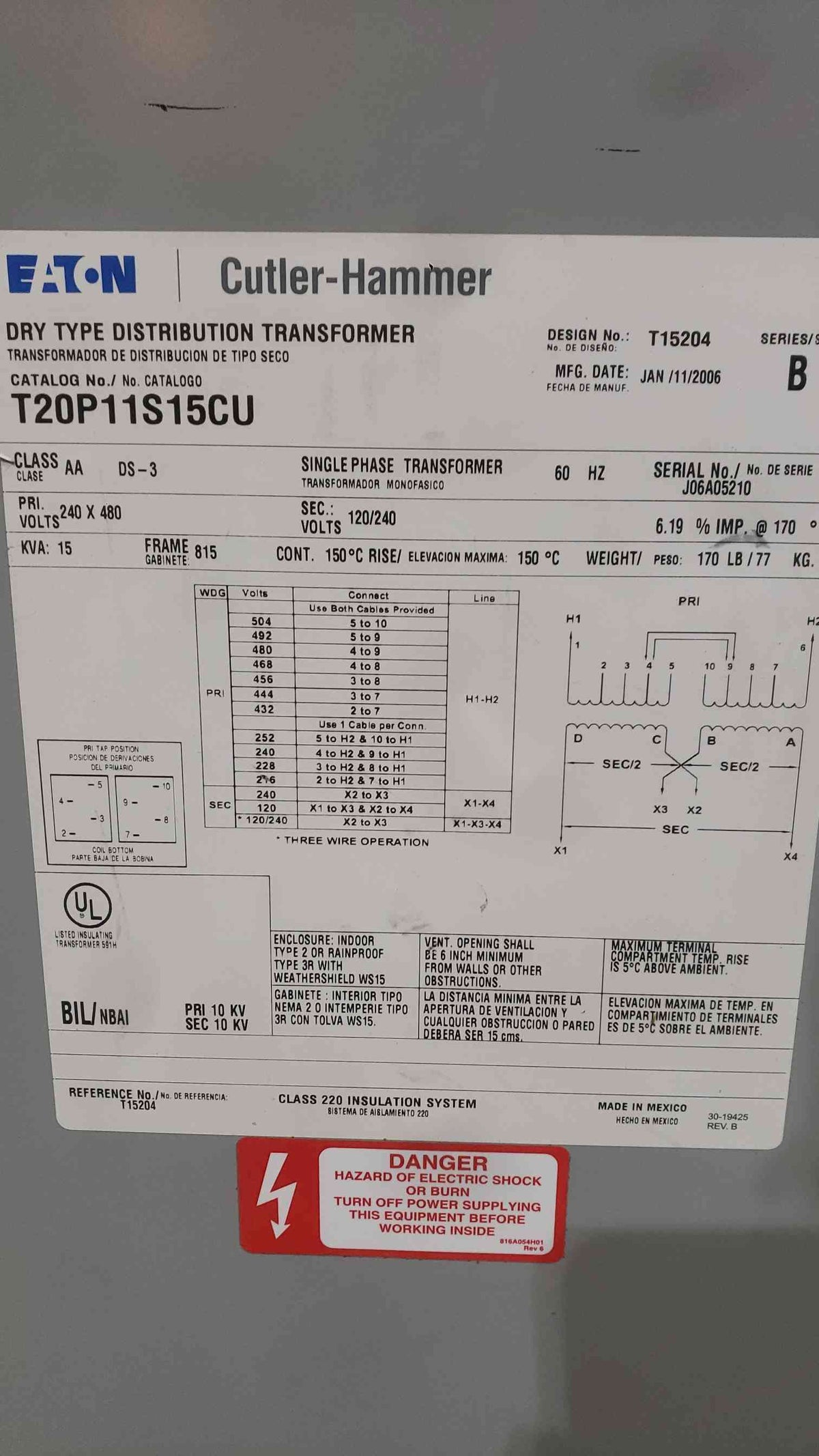 Cutler Hammer 15 KVA Copper Transformer 240X480V to 120/240V 1 Phase T20P11S15CU