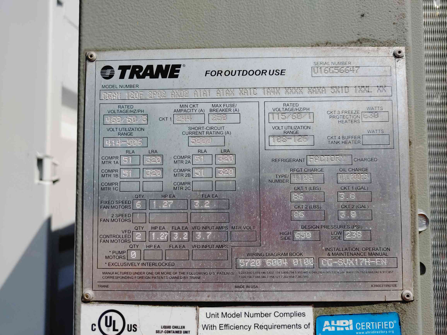 Trane 120 Ton Air Cooled Chiller CGAM 460V 3PH R410A Commercial Scroll HVAC Pack