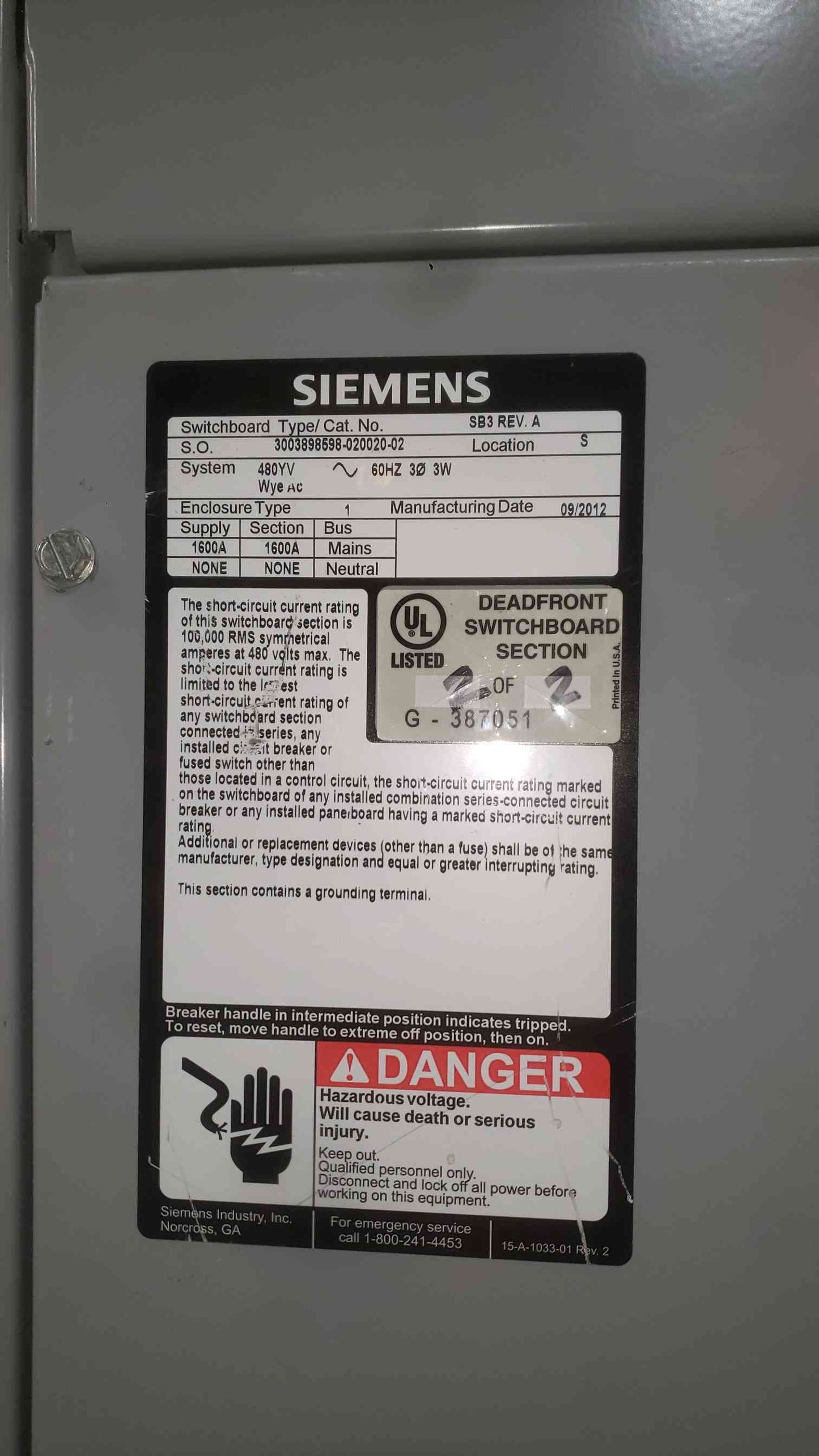 Siemens SB3 1600A 480V 3PH Maintenance Bypass Switchboard Cabinet LPX3B160 MBS