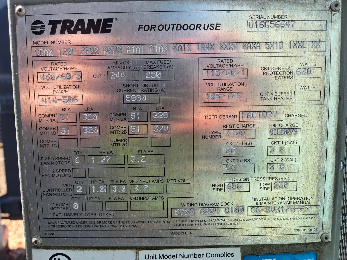 Trane 120 Ton Air Cooled Chiller CGAM 460V 3PH R410A Commercial Scroll HVAC Pack