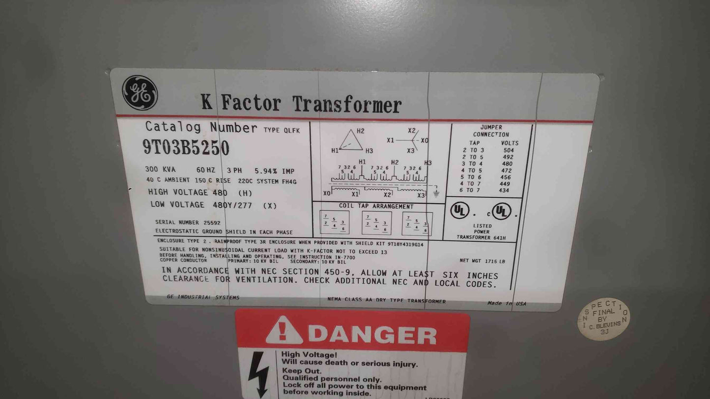 GE 300 KVA K-Factor Transformer K-13 Copper 480V to 480Y 277V 3 Phase 9T03B5250