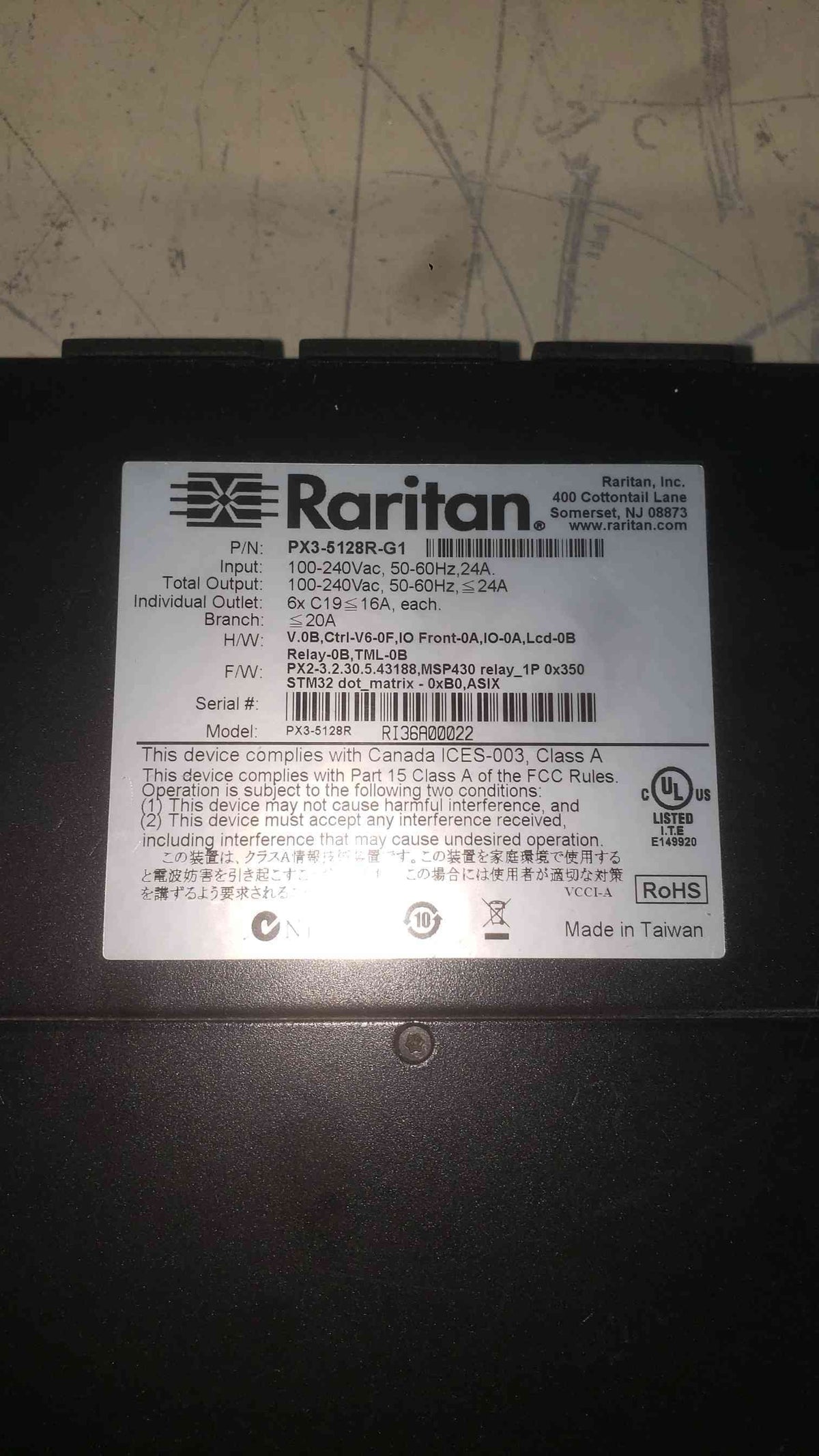 Raritan PX3-5128R Intelligent Rack PDU 24A 100-240V 6x IEC C19 Outlets iPDU 1U