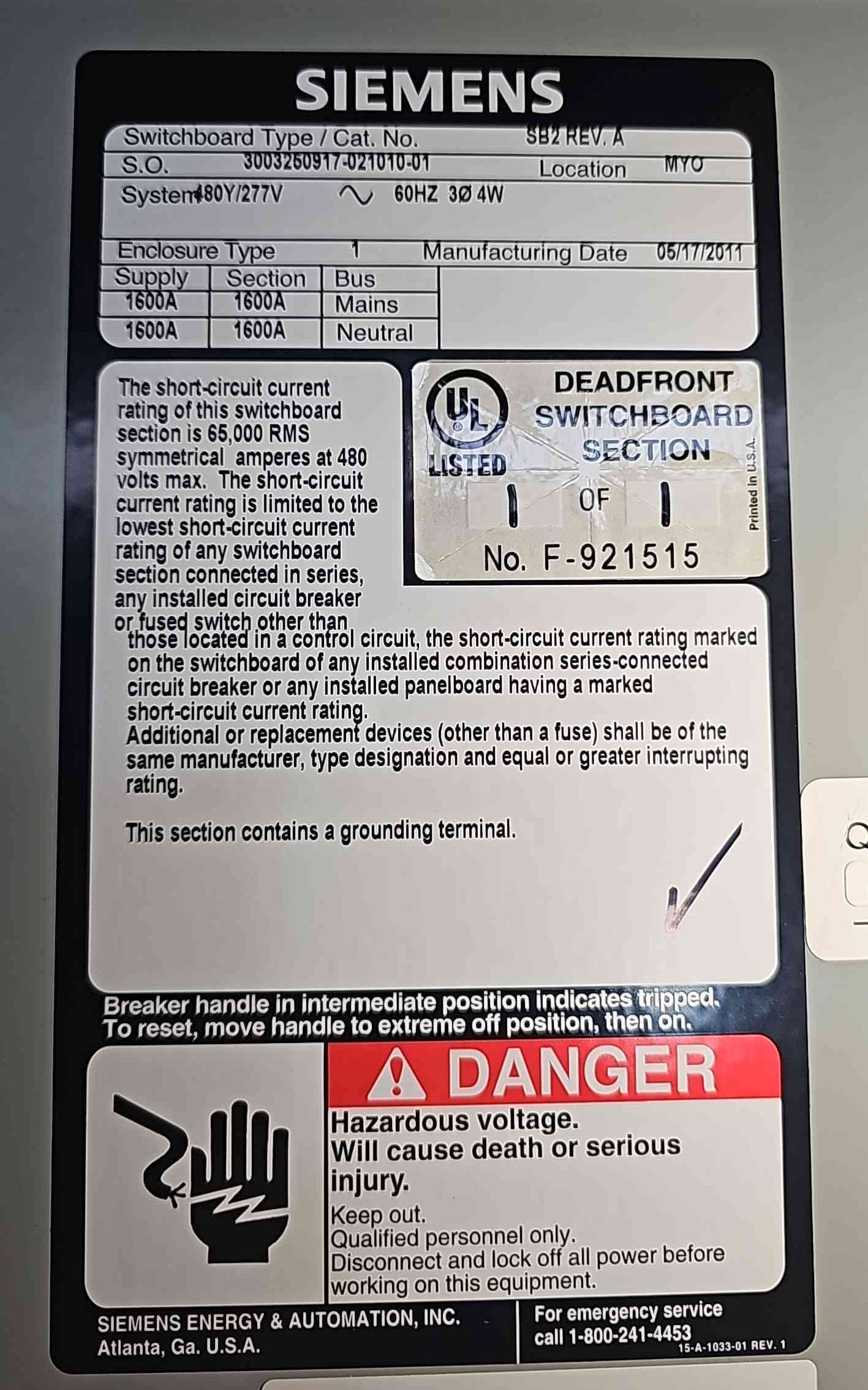 Siemens SB2 1600A 480V 3PH 4W Distribution Switchboard with 2x 400A HJX3P400
