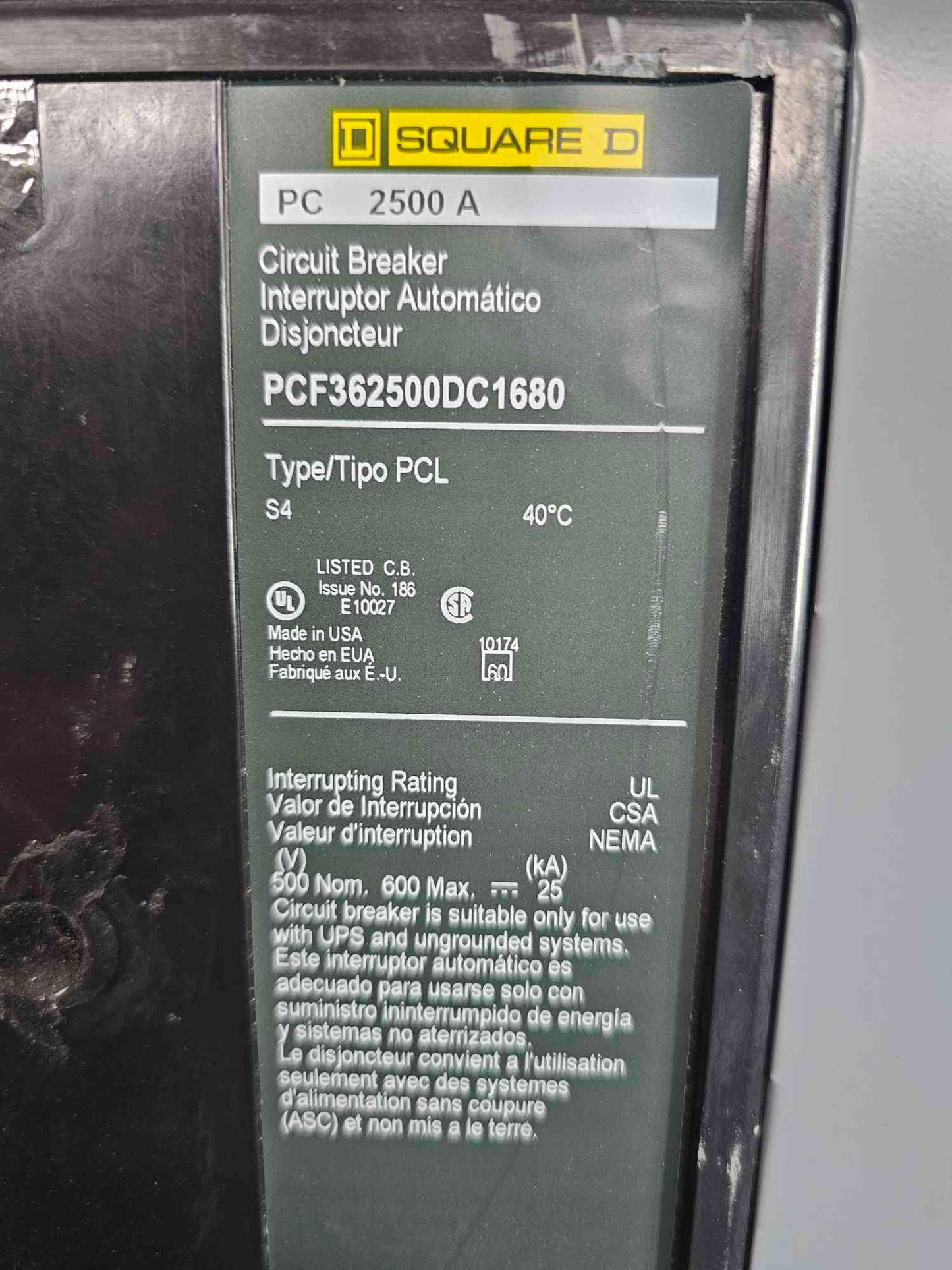 Square D QED 2500A 500V DC Switchboard Disconnect PCF362500DC1680 Type PCL Panel