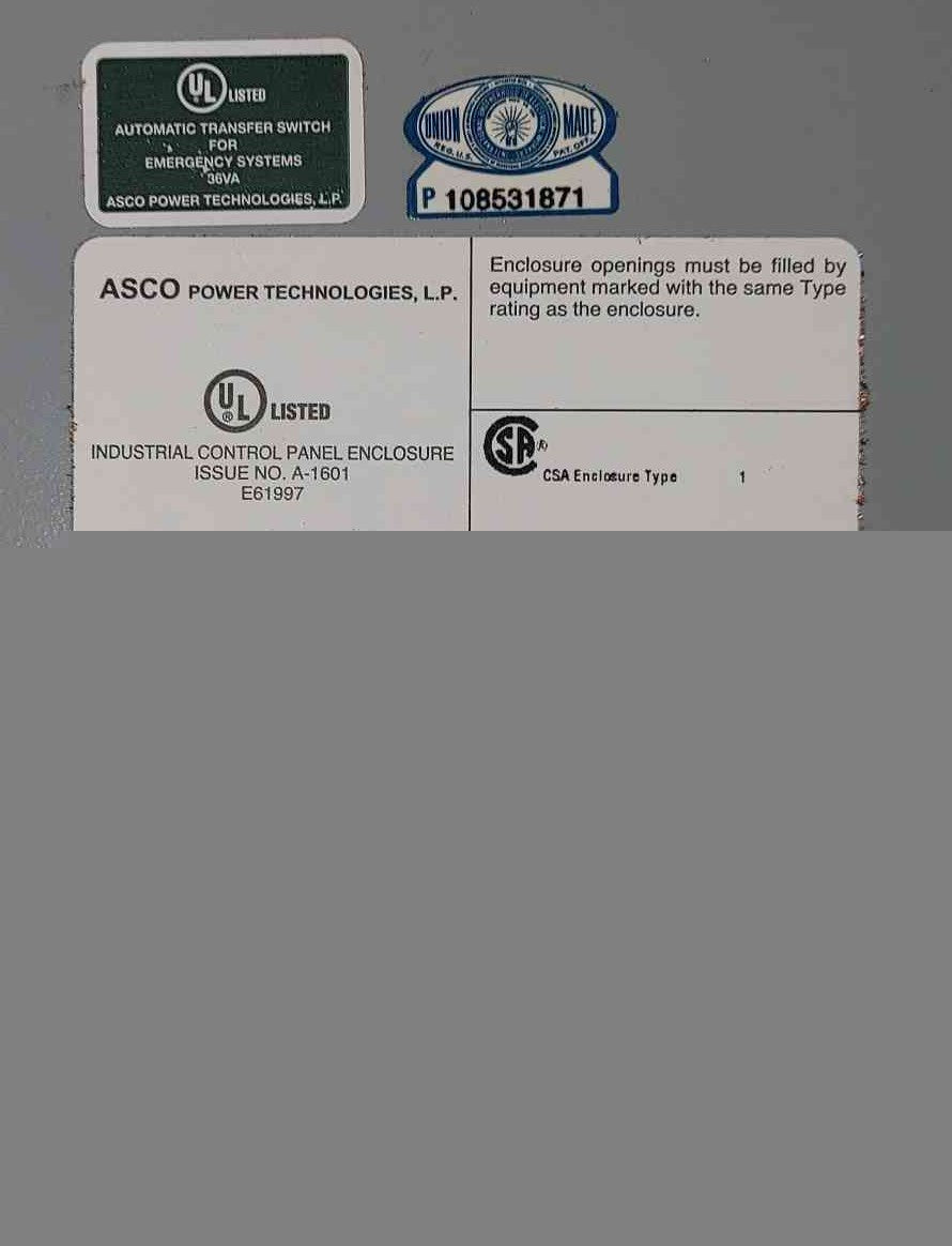 ASCO Series 300 2000 Amp 480V 3 Phase Automatic Transfer Switch G00300B32000N10C