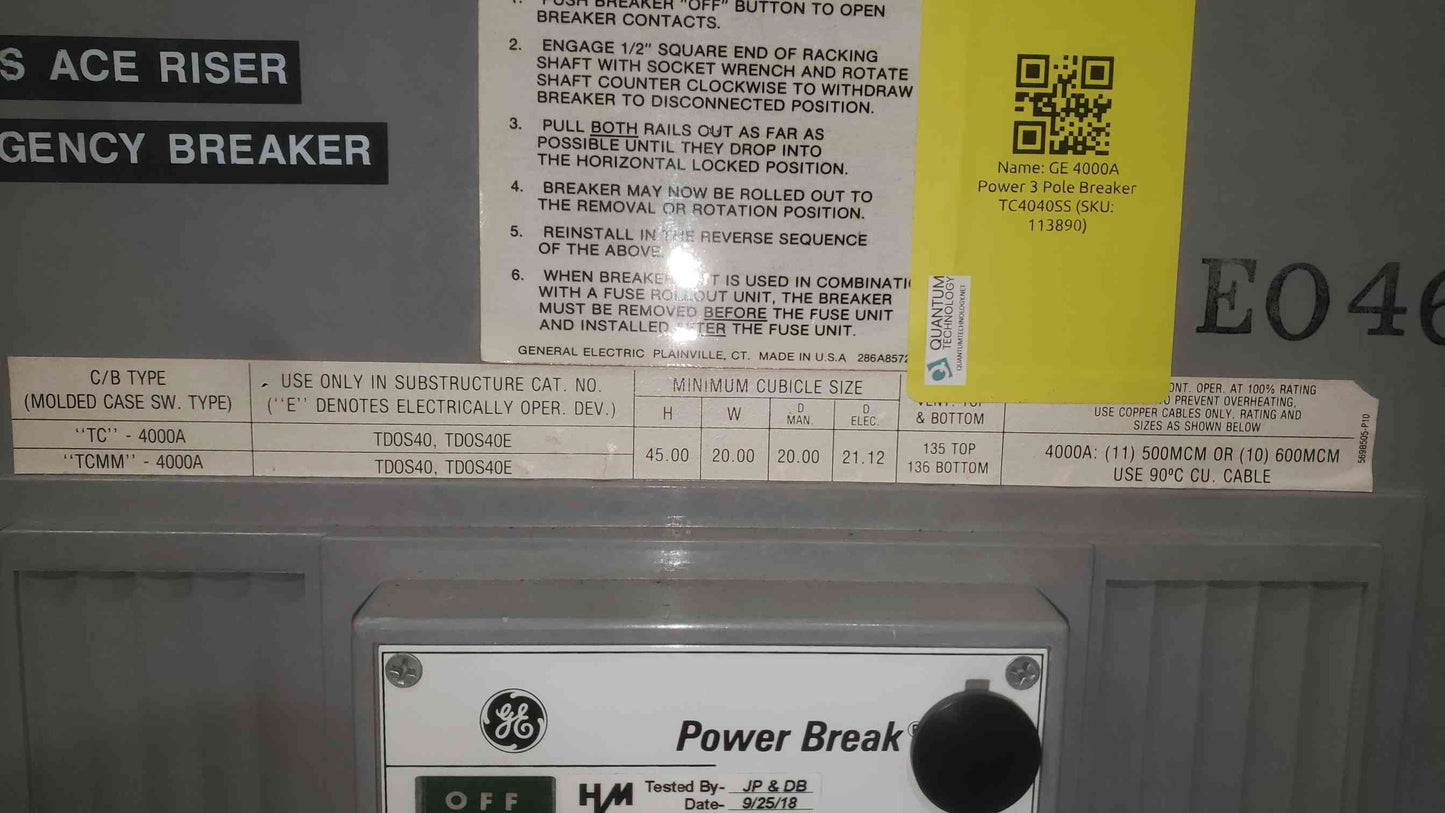GE Power Break 4000A Circuit Breaker TC4040SS 3 Pole MicroVersaTrip MS-9 480V