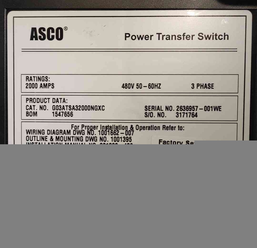 ASCO Series 300 2000A 480V 3PH Closed Transition ATS Switch G03ATSA32000NGXC