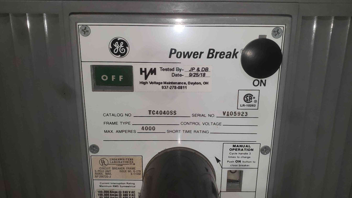 GE Power Break 4000A Circuit Breaker TC4040SS 3 Pole MicroVersaTrip MS-9 480V