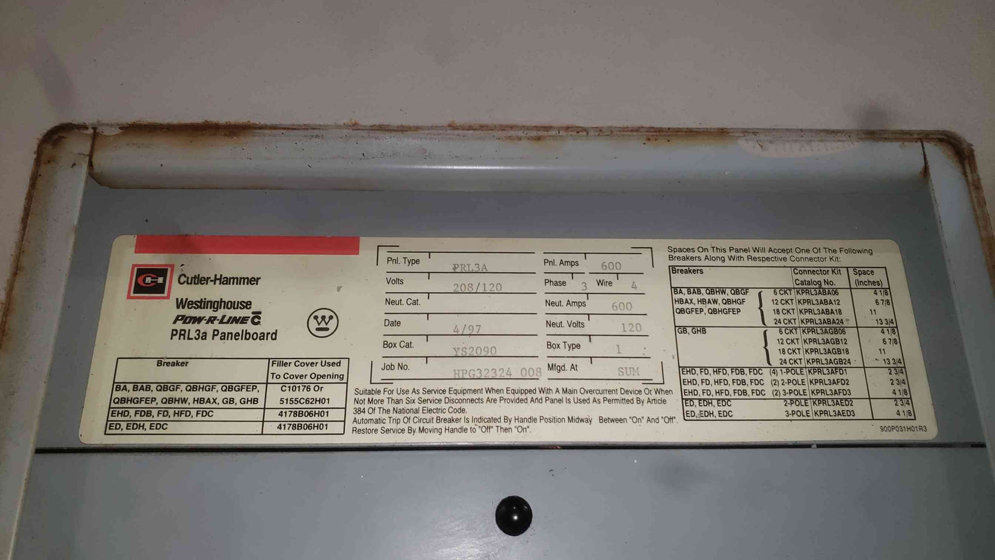 Cutler Hammer 600A 208/120V 3Phase 4W Panelbored (PRL3A) (SKU 113923