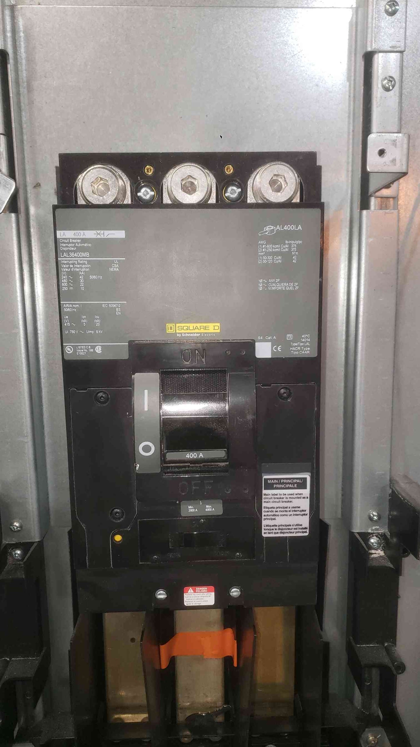 Square D NF 400A 480V 3 Phase Panelboard Interior Box LAL36400MB EDB Breakers