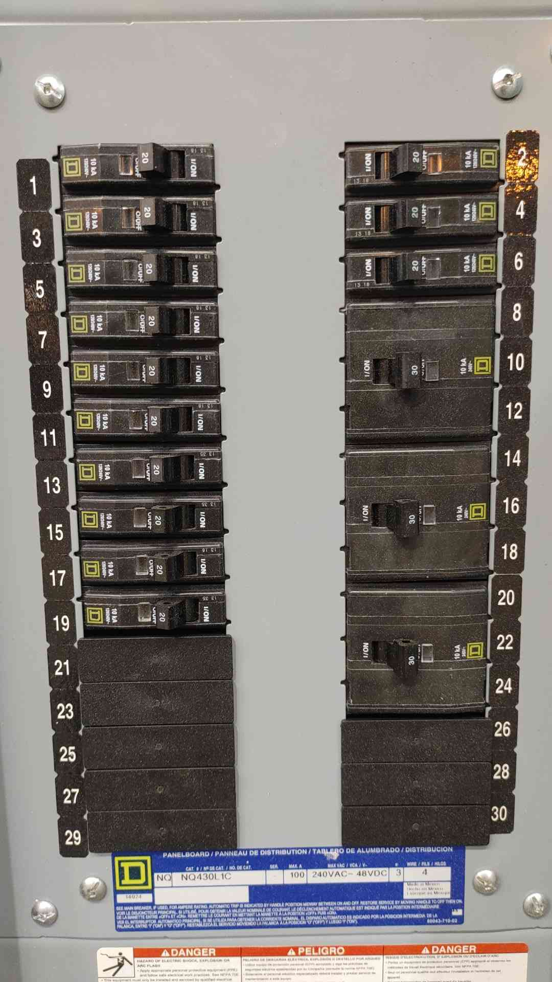 Square D NQ430L1C 100A 240V 3 Phase NQ Panelboard Enclosure w/ 16 QO Breakers