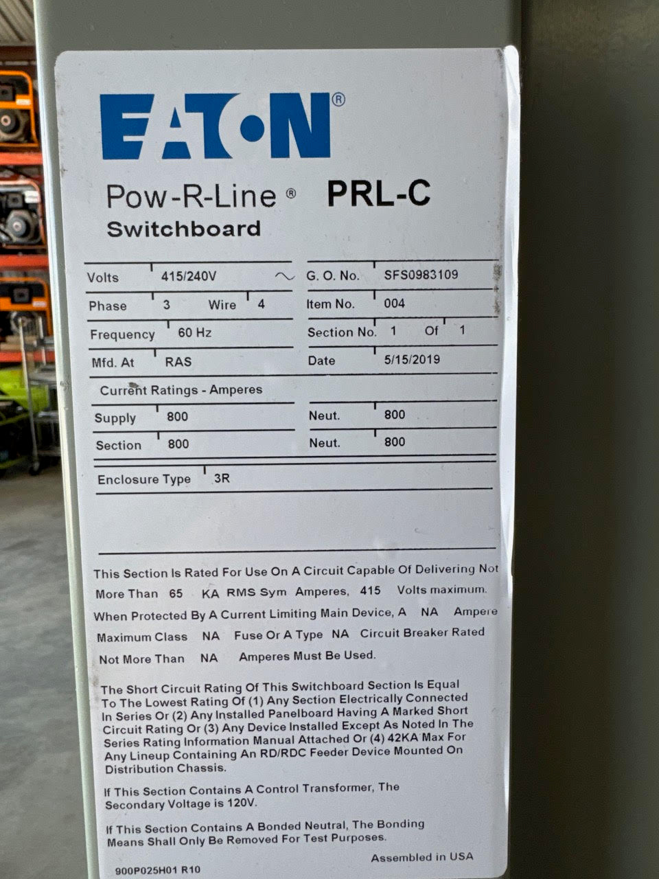 Eaton Pow-R-Line PRL-C 800A Switchboard NEMA 3R 415/240V L630H-C Breaker Panel