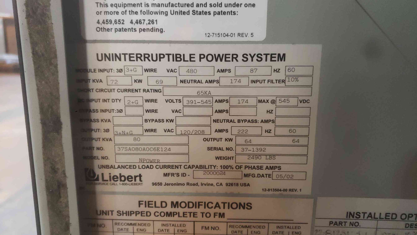 Liebert Npower 80kVA 64kW 3 Phase Online UPS Cabinet 480V 208V 37SA080A0C6E124