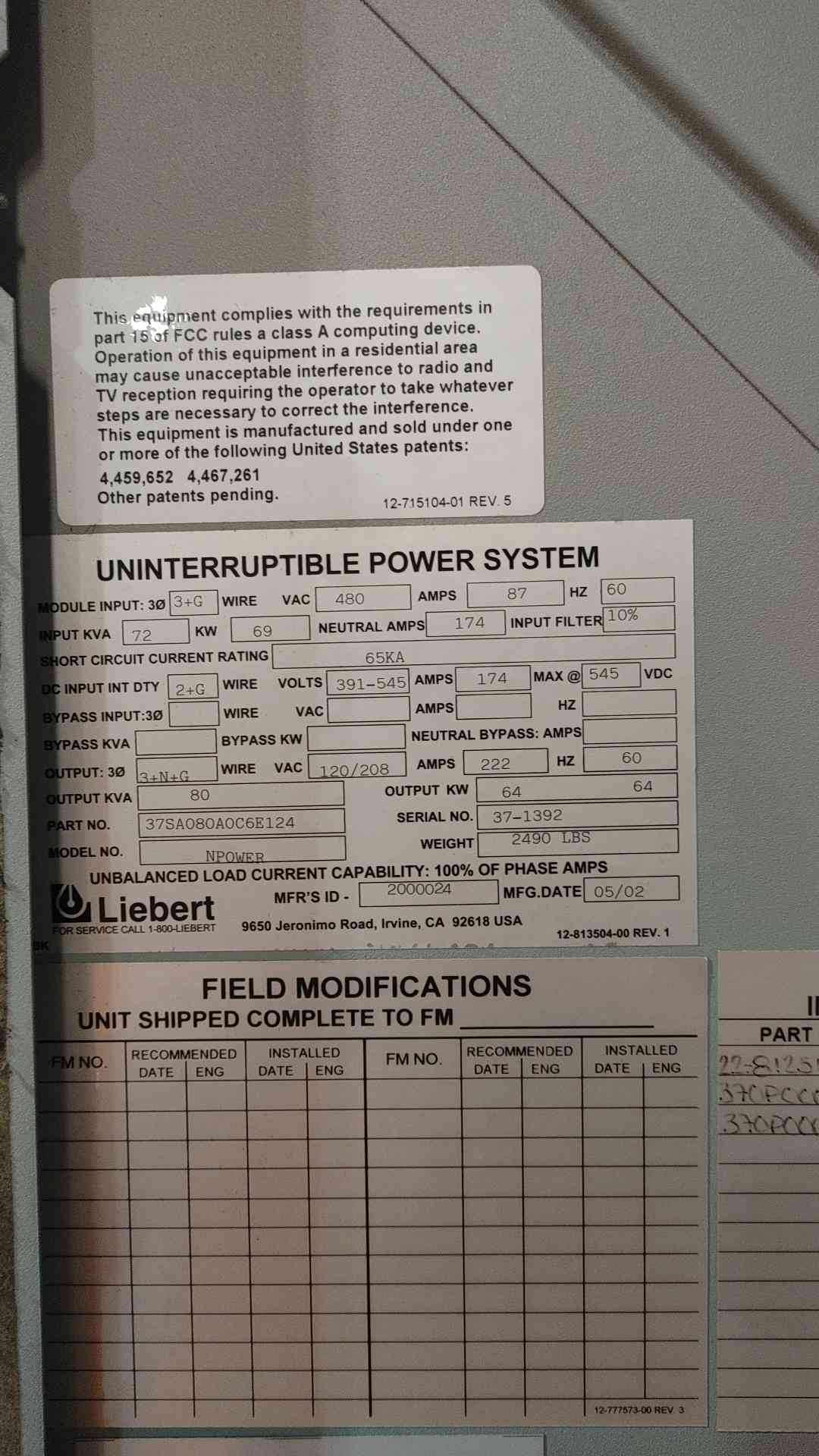 Liebert Npower 80kVA 64kW 3 Phase Online UPS Cabinet 480V 208V 37SA080A0C6E124