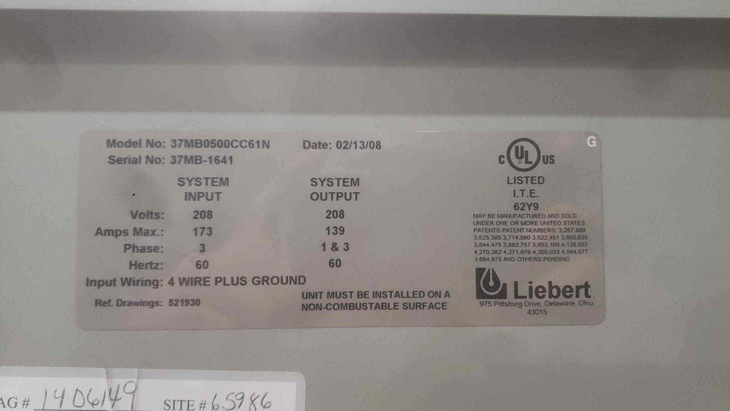 Liebert Npower 50kVA 3 Phase UPS Cabinet 208V 37SA050C0C6BA12 Merlin Gerin Lot