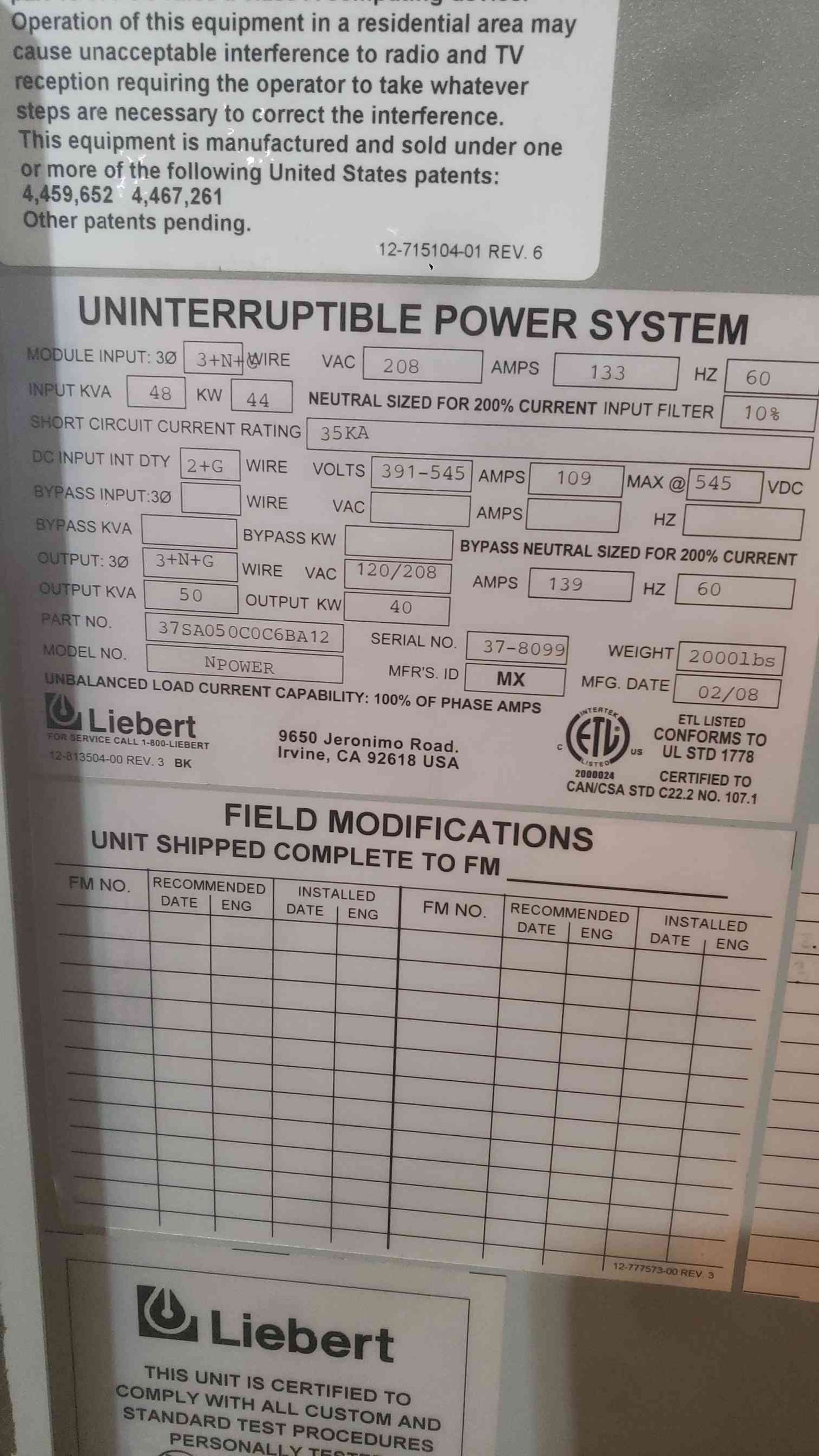Liebert Npower 50kVA 3 Phase UPS Cabinet 208V 37SA050C0C6BA12 Merlin Gerin Lot