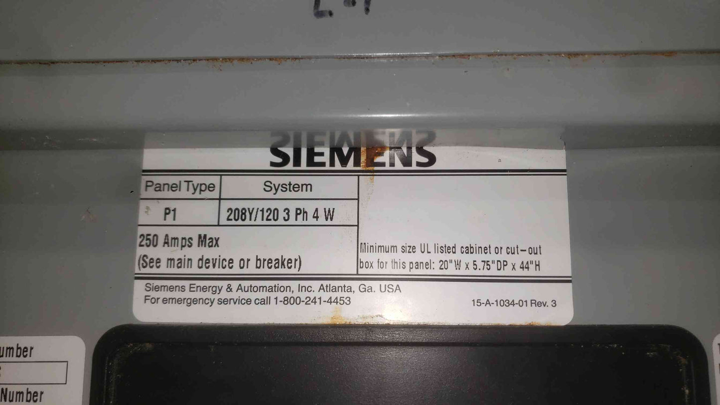 Siemens P1 3 Phase Panelboard 208Y/120V 200A Main P1C42QJ200ABS w/ 42x 20A Breakers
