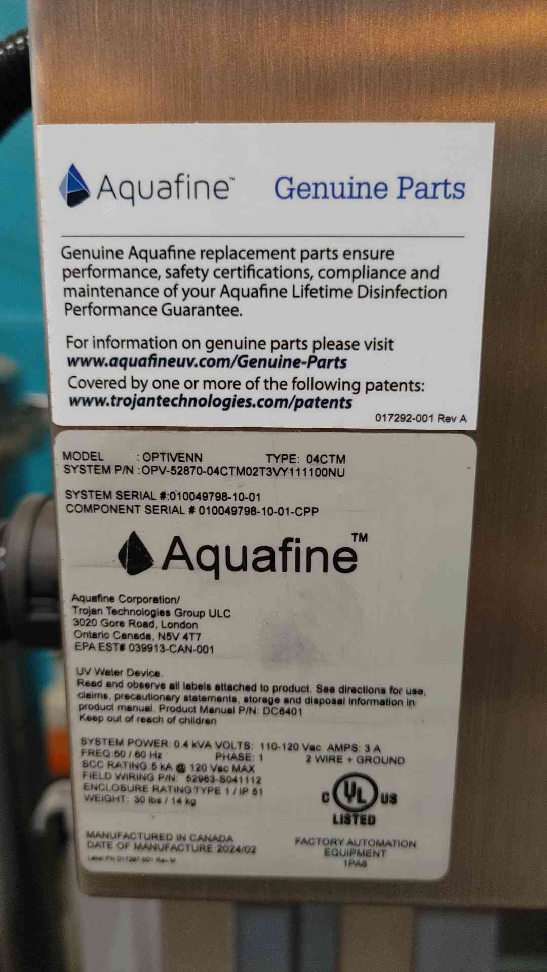 New Aquafine 480V 3PH 26FLA ASTIM Type II Water System (Sku 114172)
