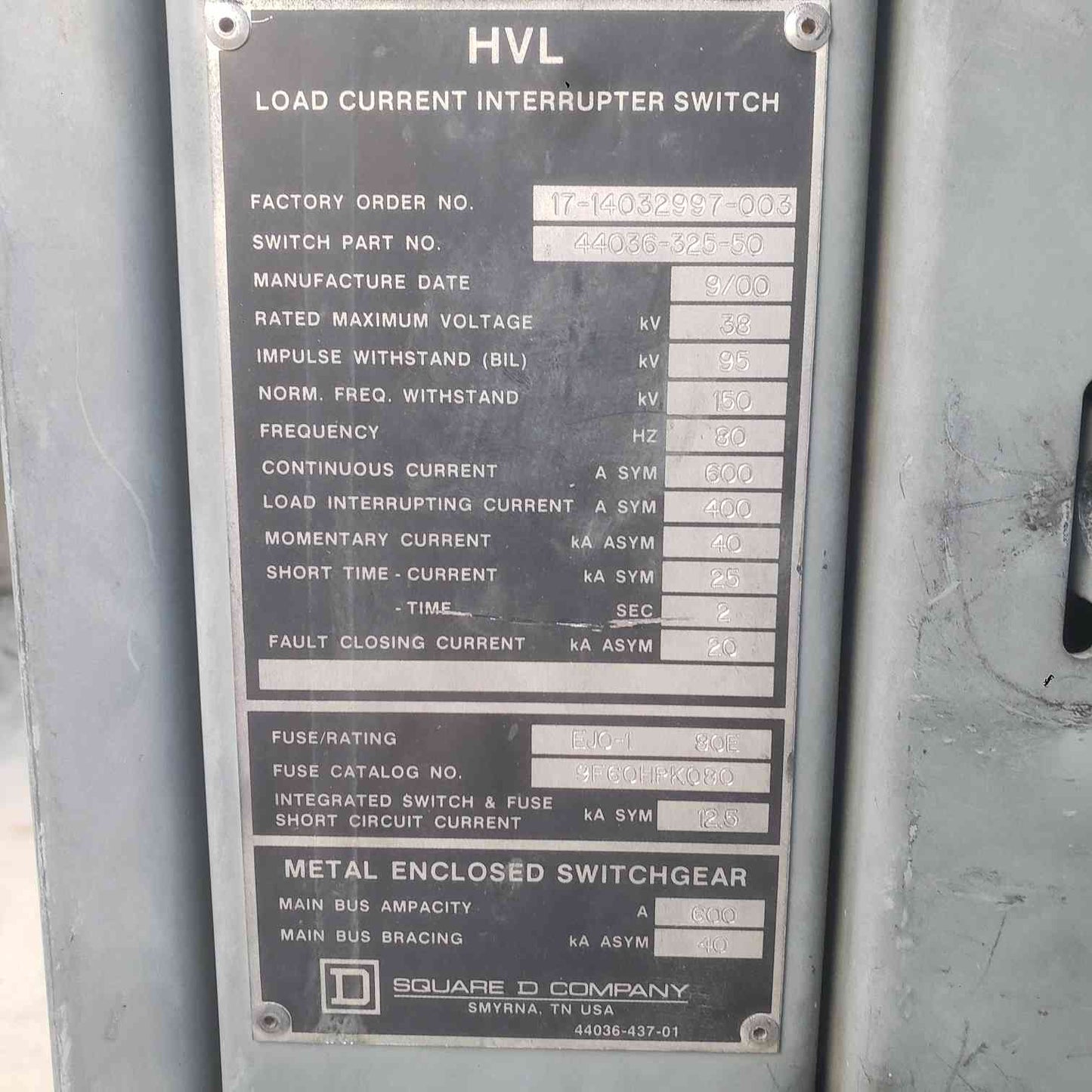 Square D HVL 38kV 600A Load Interrupter Switchgear 600 Amp Medium Voltage