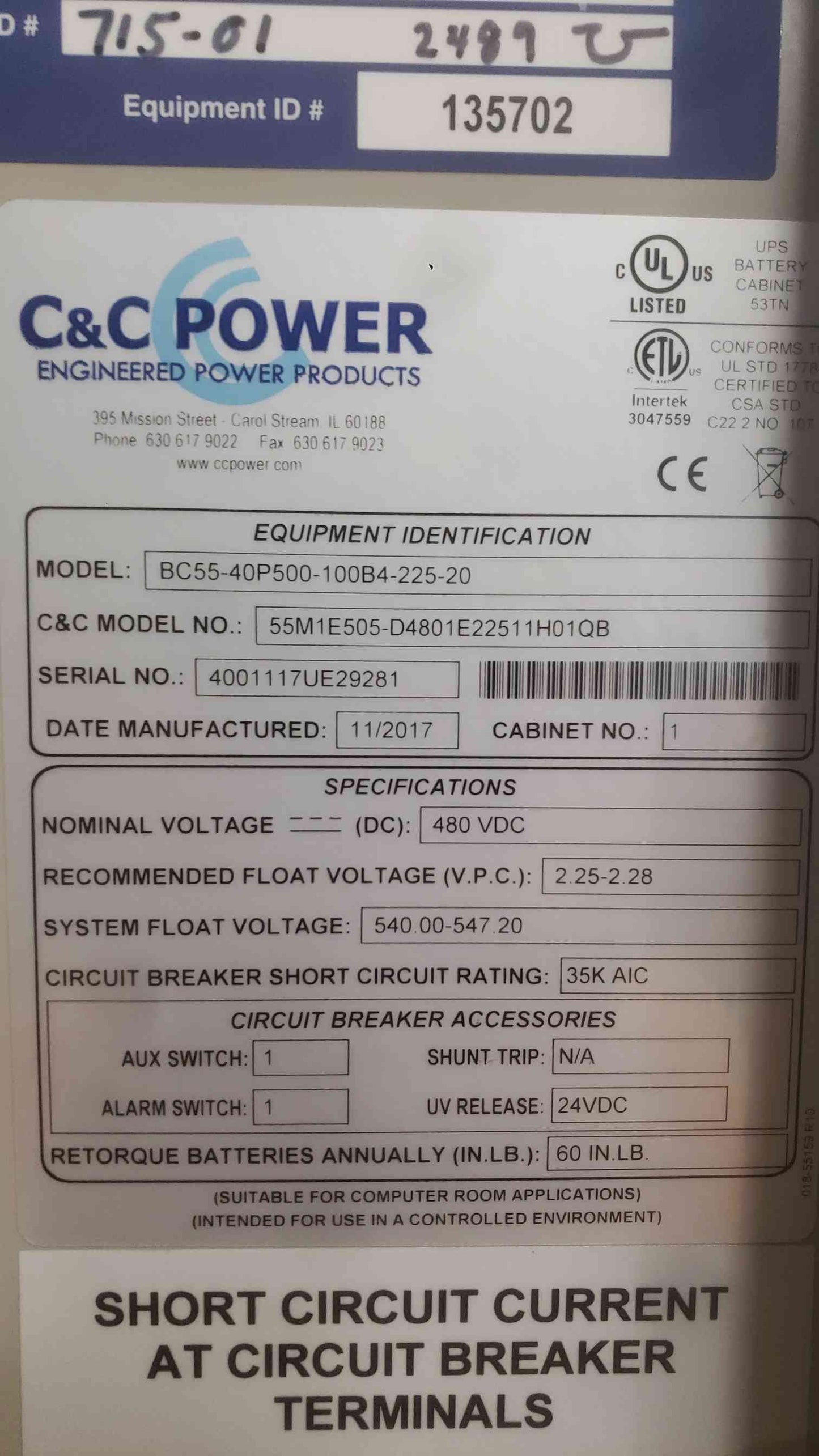 C&C Power BC55 480V DC UPS Battery Cabinet Enclosure 225A Breaker 100B4