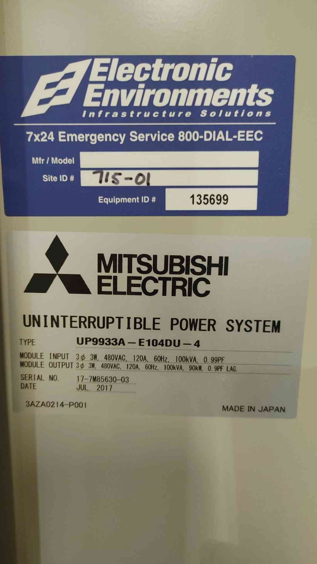 Mitsubishi Aegis UP9933A 100kVA 90kW 480V 3 Phase Uninterruptible Power Supply