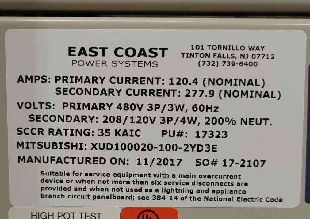 Mitsubishi XUD100020 100kVA 480V to 208V UPS Maintenance Bypass Cabinet Kirk Key